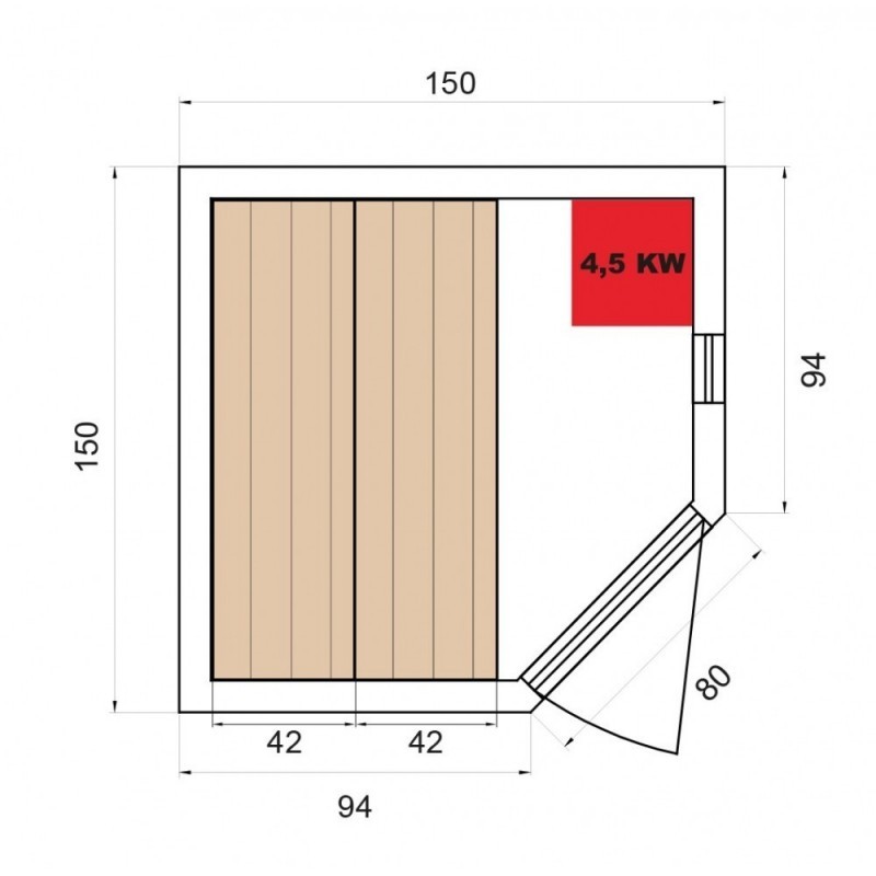 tradiční ZEN 3-4 Finská sauna má rozměry: výška 200 cm, šířka zadní stěny 150 cm, šířka přední stěny 94 cm x 80 cm x 94 cm