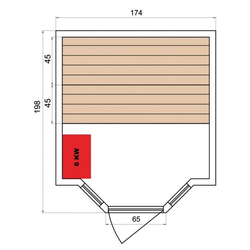 finská sauna Zen 4 má vnější rozměry: výška 200 cm, šířka: 174 cm, hloubka: 198 cm, dveře 65 cm