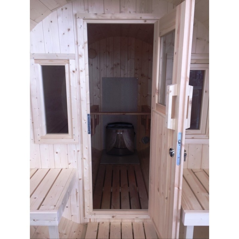 finská venkovní Sudová sauna má 205 cm průměr sudu: a celková délka: 250 cm