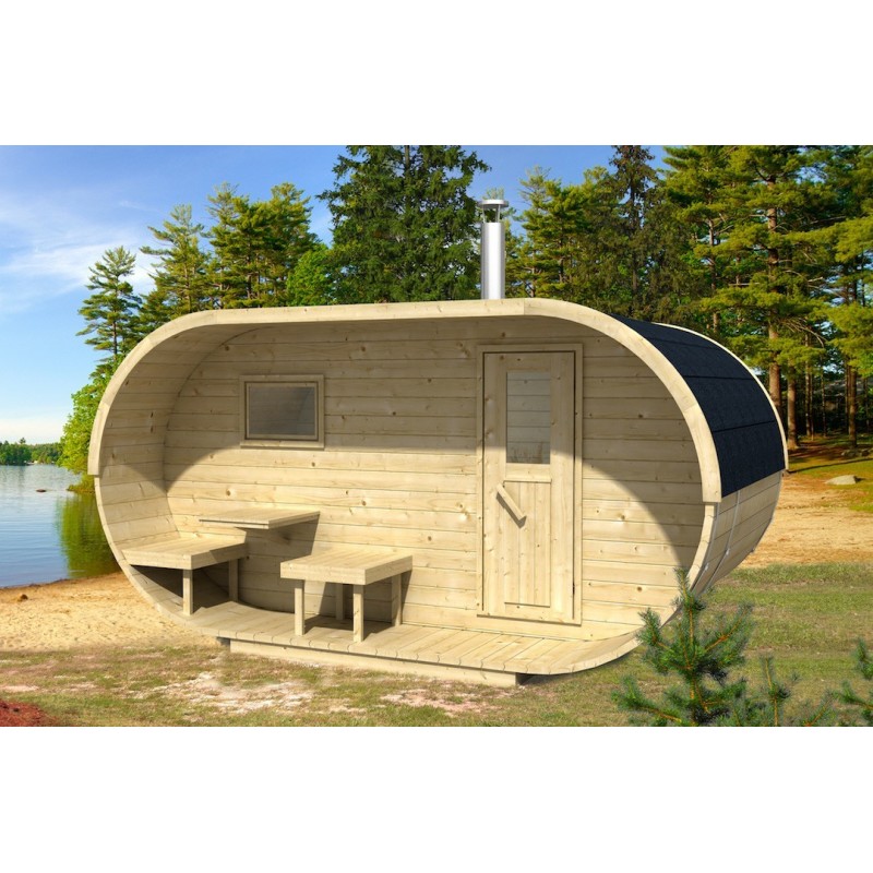 finská venkovní oválná Sauna 400 Thermowood je vyrobena ze severského smrku, který má oproti klasickému vyšší hustotu dřeva 
