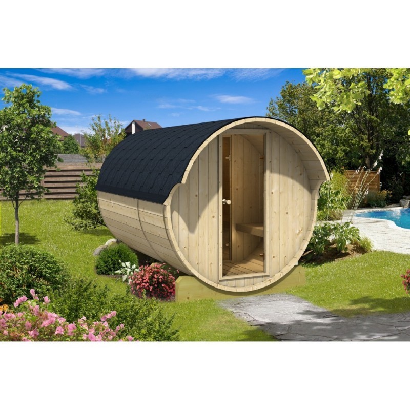 elegantní finská sudová sauna 330 její výhodou je snadná instalace a snadné umístění
