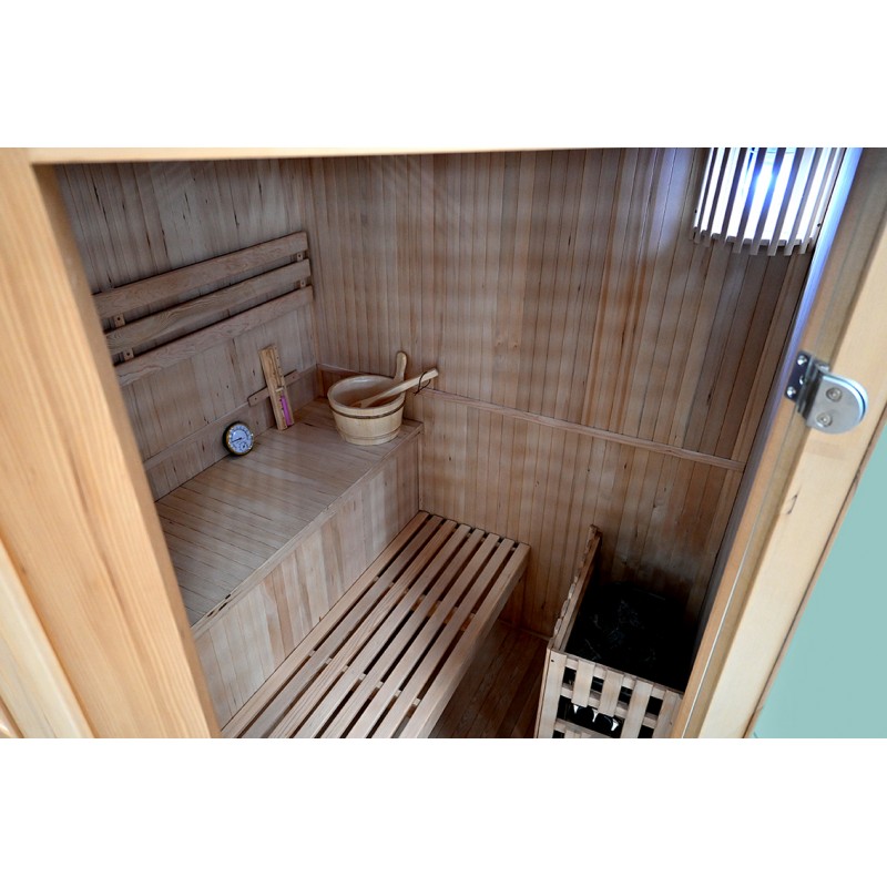 Finská sauna LUONTO 3/4 pro tři až čtyři osoby velmi kvalitním provedením se sezením a ležením 