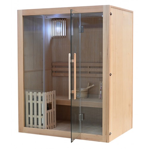 Finská sauna PERINNE 3 pro tři osoby velmi krásné provedení z kanadského smrku, prosklené elegantní dveře 