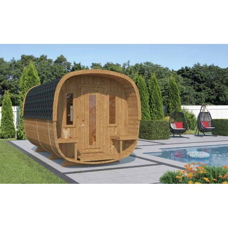 Sudová sauna ICON 400krásná sauna s venkovním sezením, pro náročné zákazníky