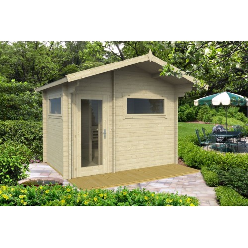 Domek TIMO 70, vyrobeny ze severského smrku, který má oproti klasickému vyšší hustotu dřeva a odolává lépe nepříznivému počasí