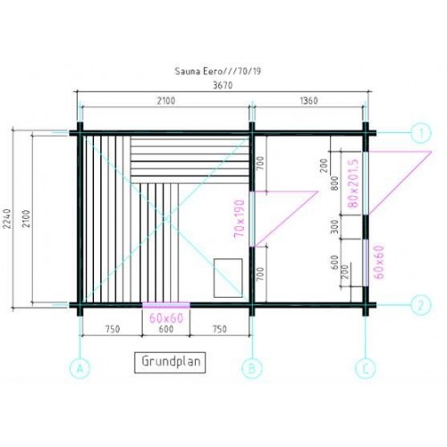 Domek EERO 70 Flat, plánek domku s jednotlivými rozměry 