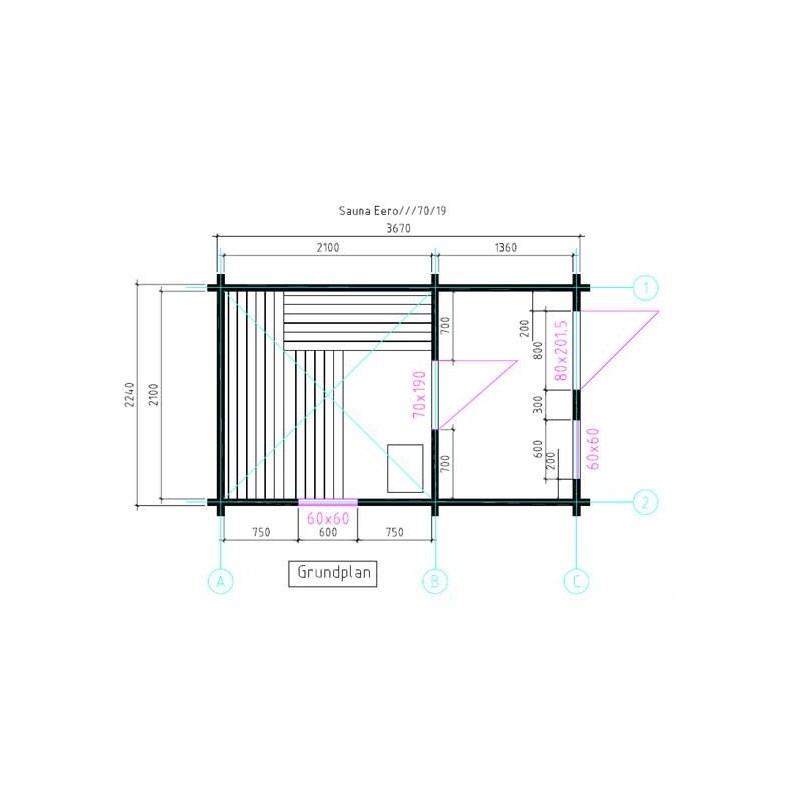 Domek EERO 70 Flat, plánek domku s jednotlivými rozměry 
